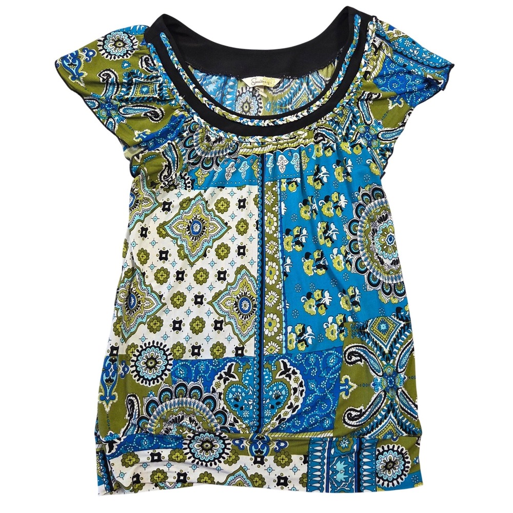Speechless Womens Blue Green Paisley Patchwork Scoop Neck Short Sleeve Top L Y2k